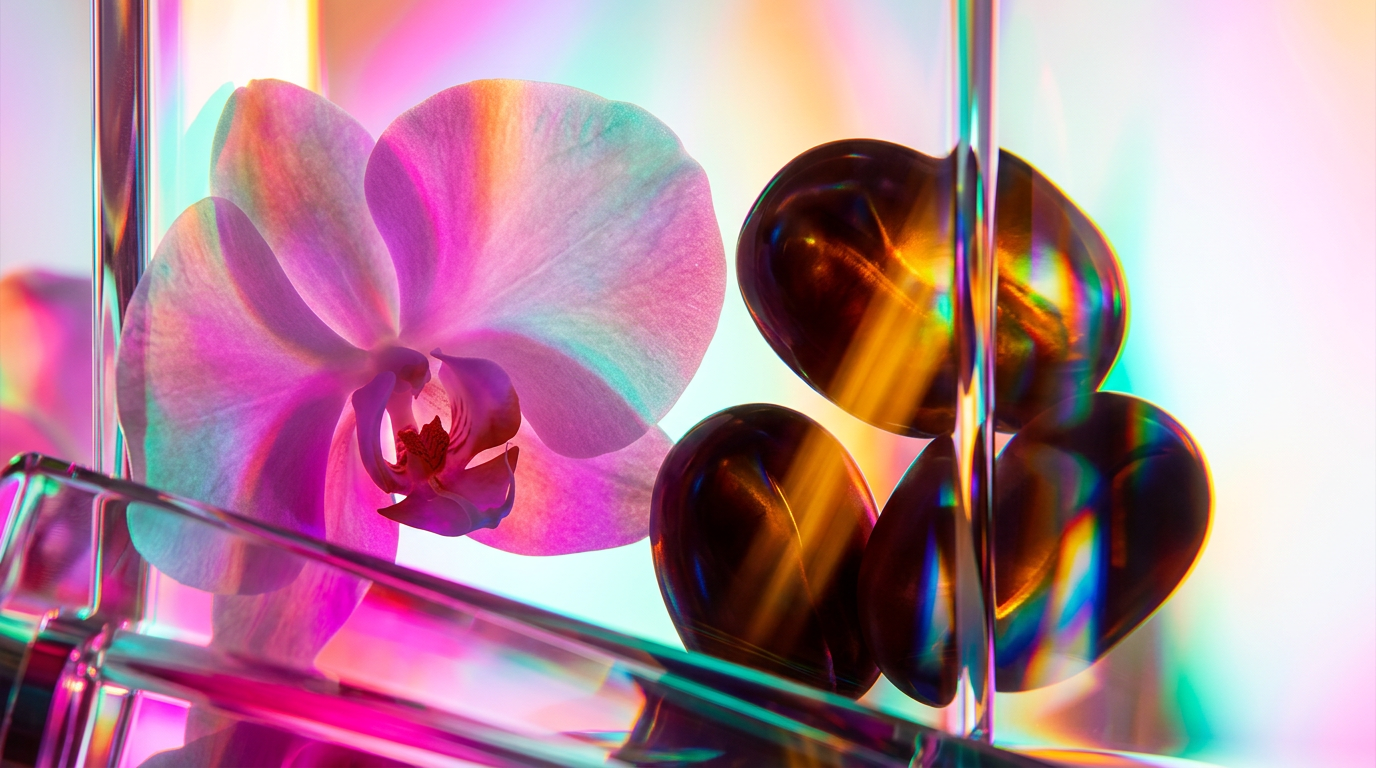 A sophisticated display of White Orchid Espresso perfume surrounded by coffee beans and white florals