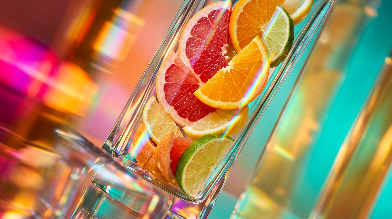 Refreshing citrus fruits and perfume bottles on a sun-drenched beach