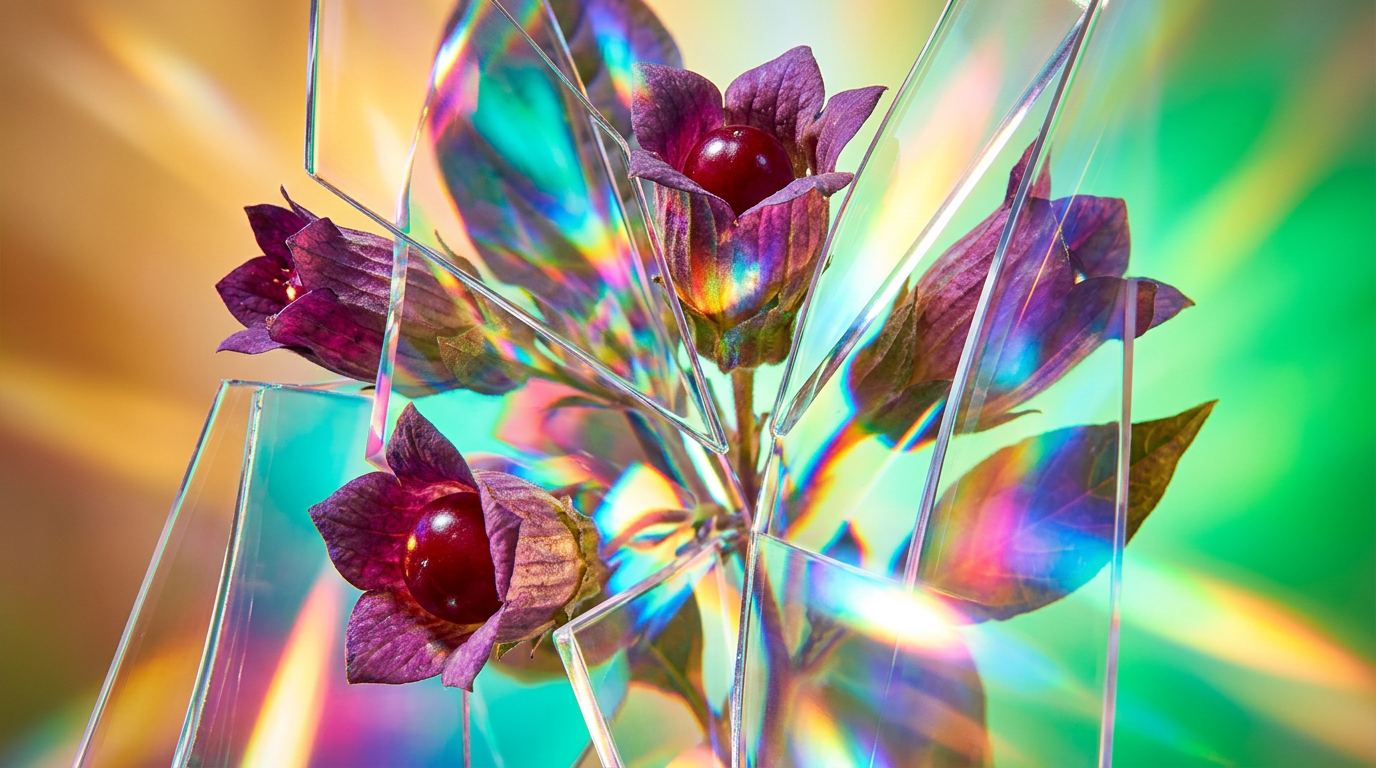 A moody and sophisticated perfume bottle amidst dark florals and shadows