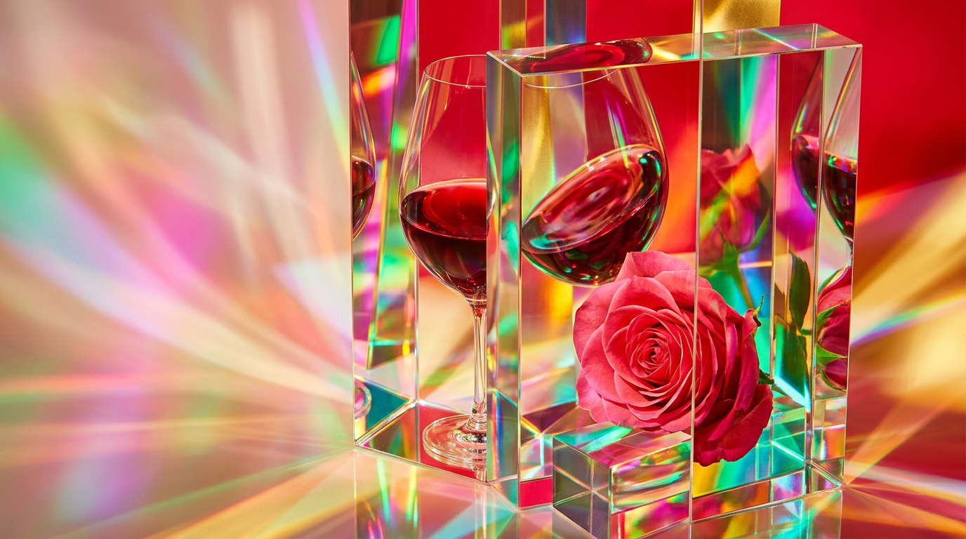 A romantic candlelit dinner setting with elegant perfume bottles