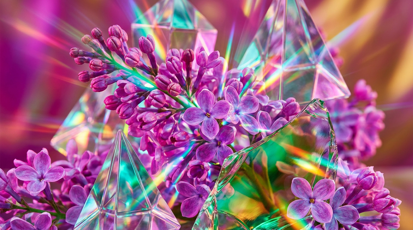 Freshly picked lilacs and luxury perfume bottles on a sunlit table