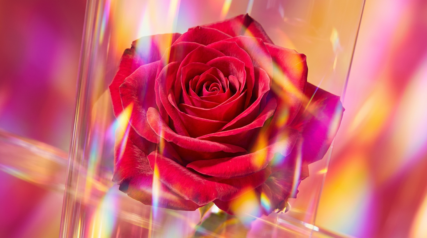 Romantic table setting with rose petals and luxury perfume bottles