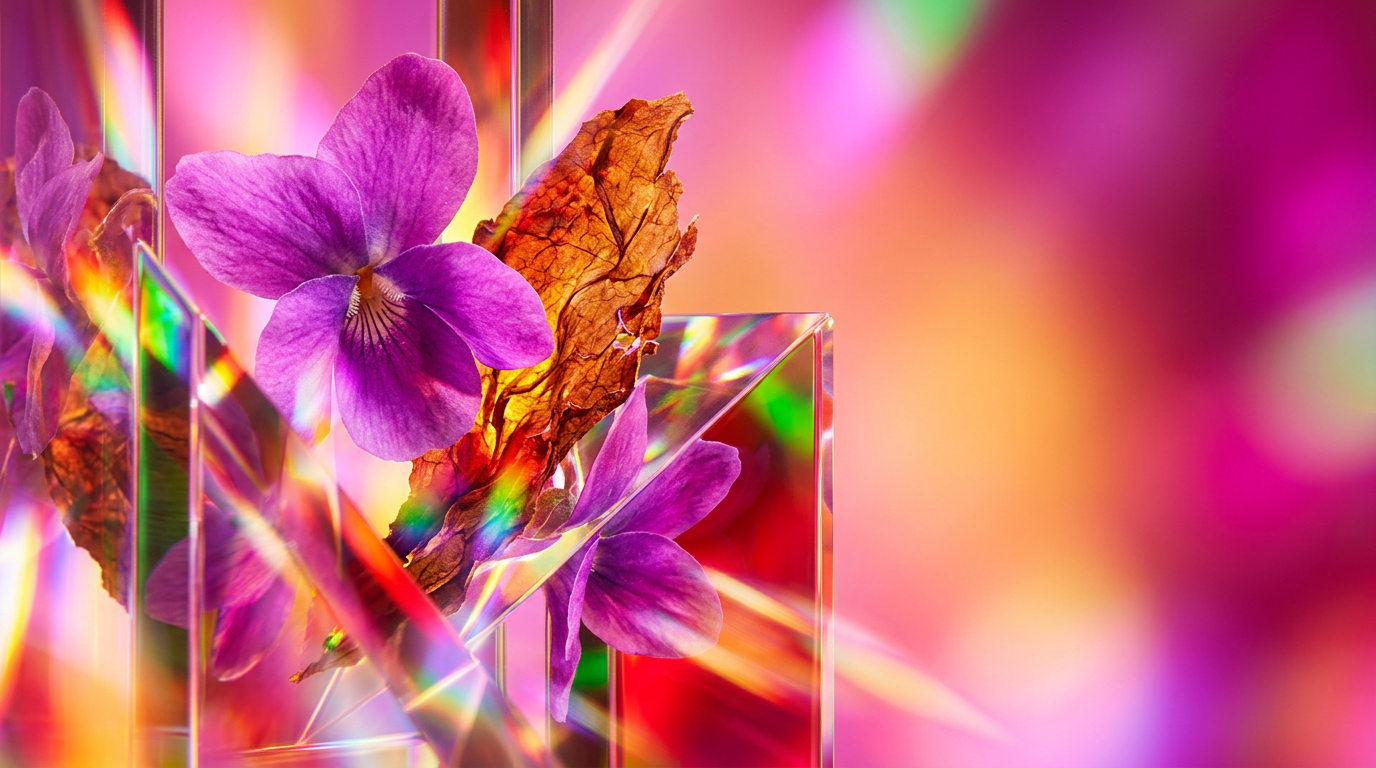 An artisanal fragrance bottle surrounded by violet petals and tobacco leaves