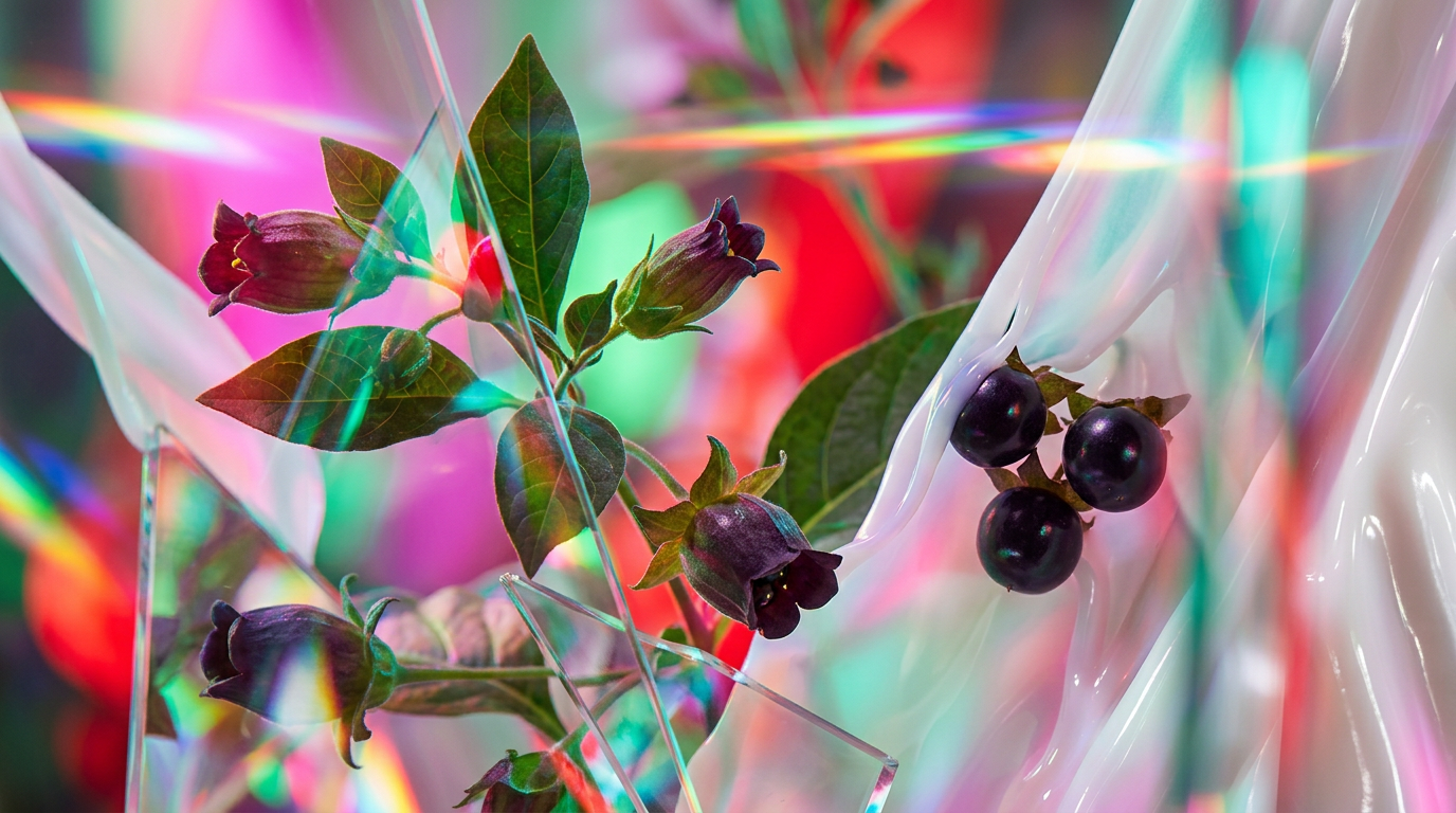 An atmospheric display of dark berries and elegant perfume bottles representing Atropa Belladonna