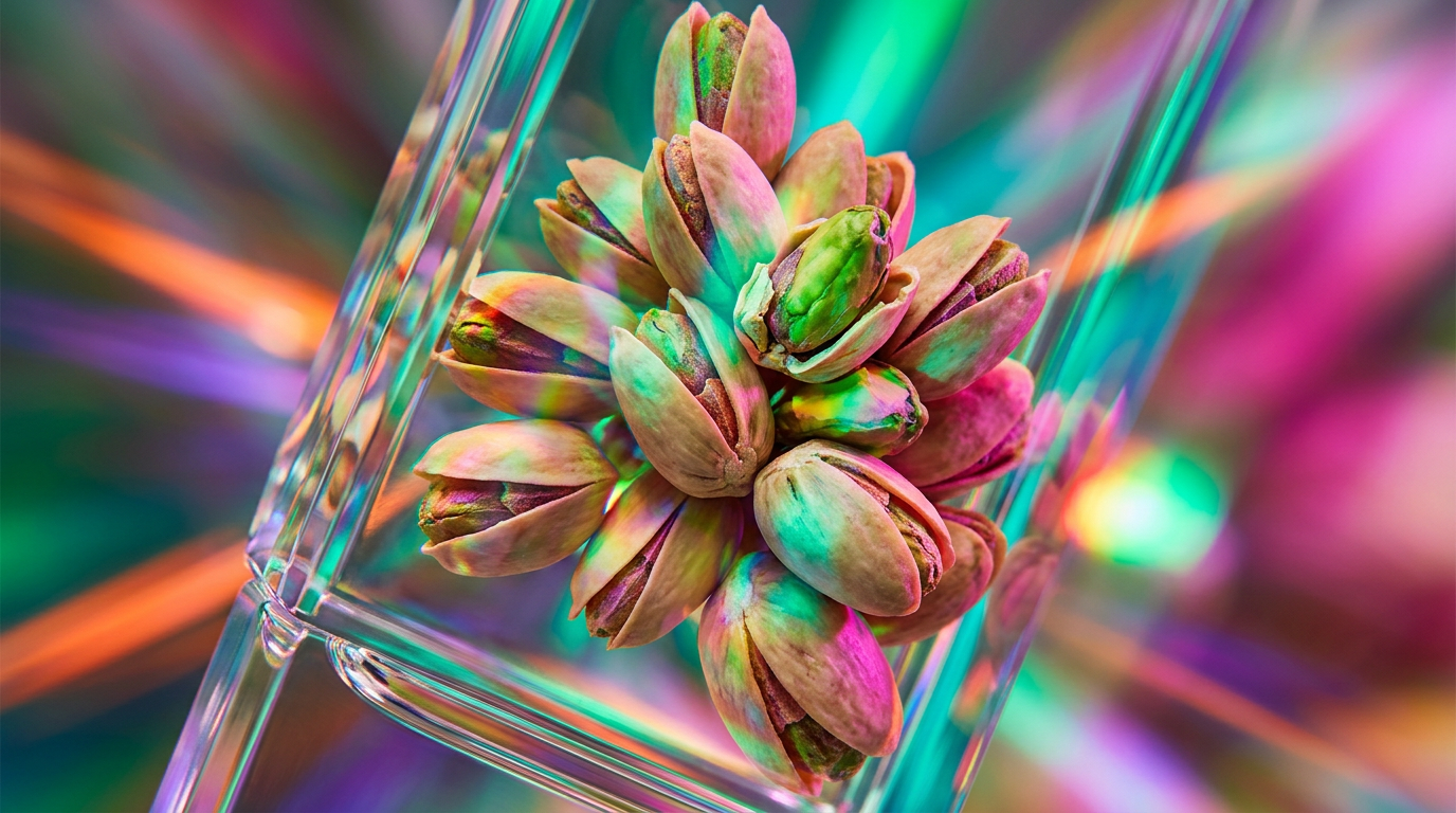A collection of gourmet pistachio nuts and luxury perfume bottles on a marble surface