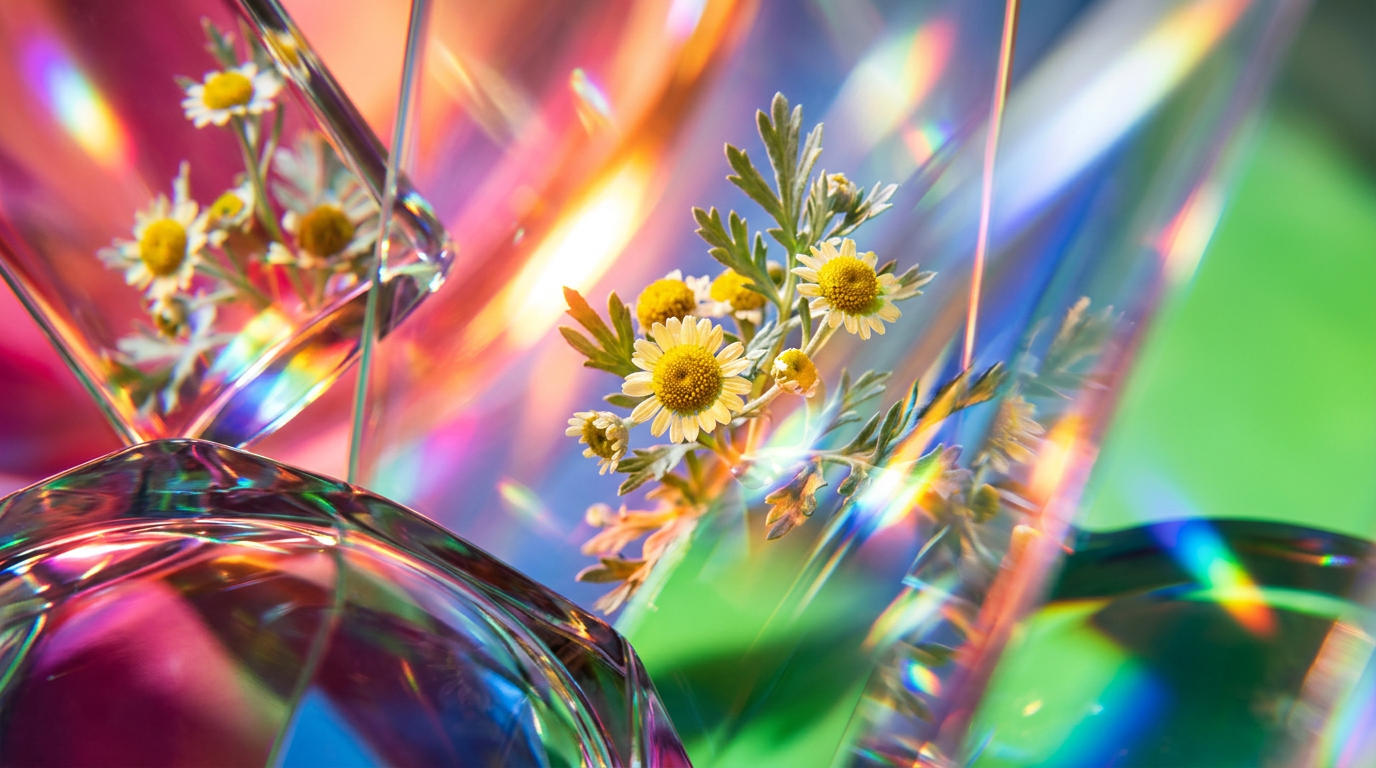 An artistic glass bottle of Shay & Blue fragrance surrounded by botanical elements