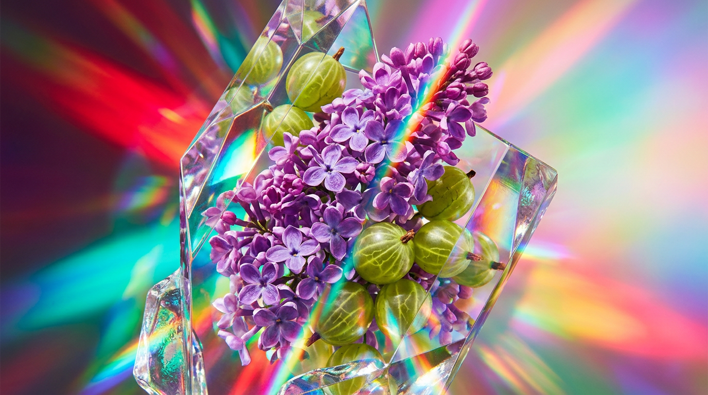 An aesthetic display of purple lilacs and fresh green gooseberries representing perfume notes