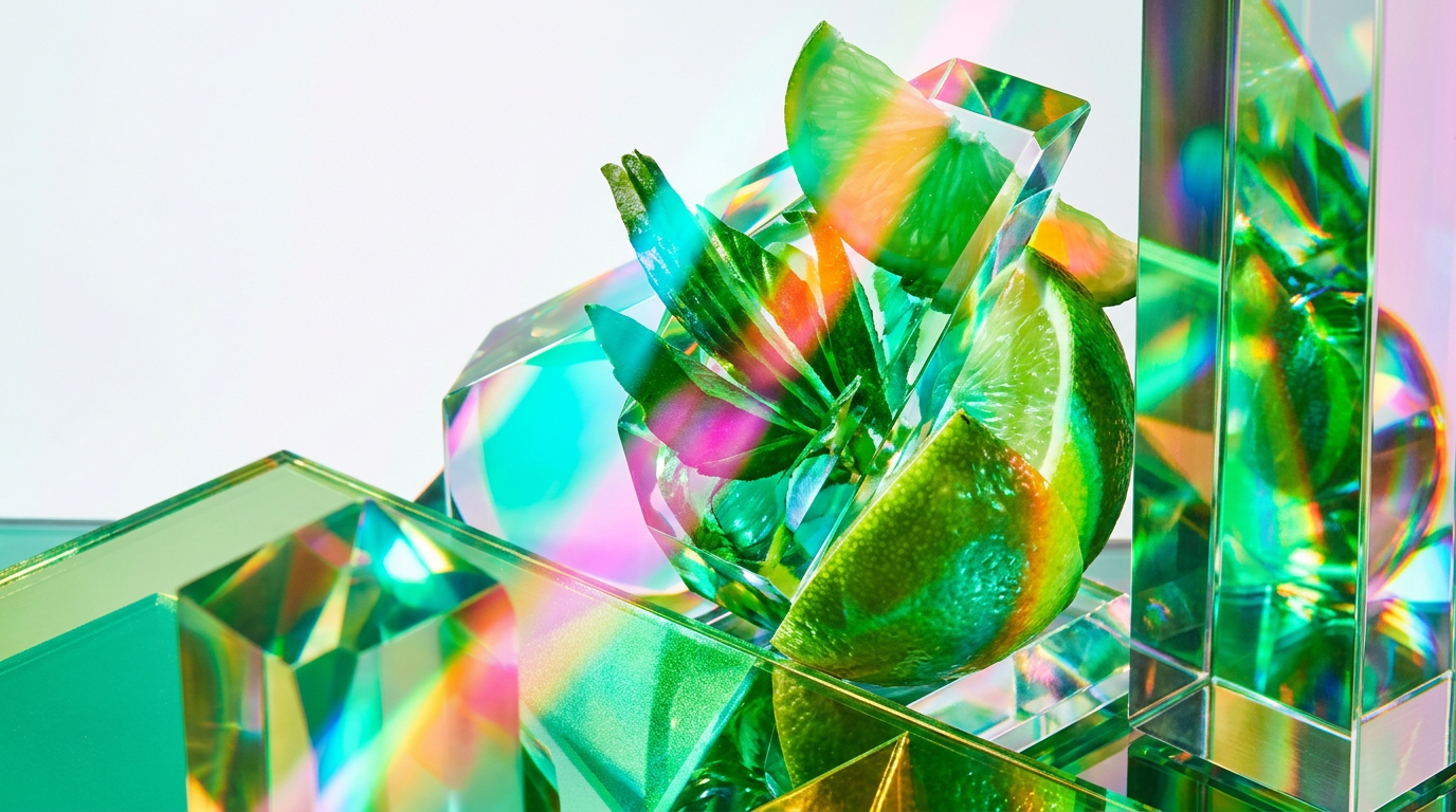 A collection of vibrant green and citrus perfumes on a dewy background