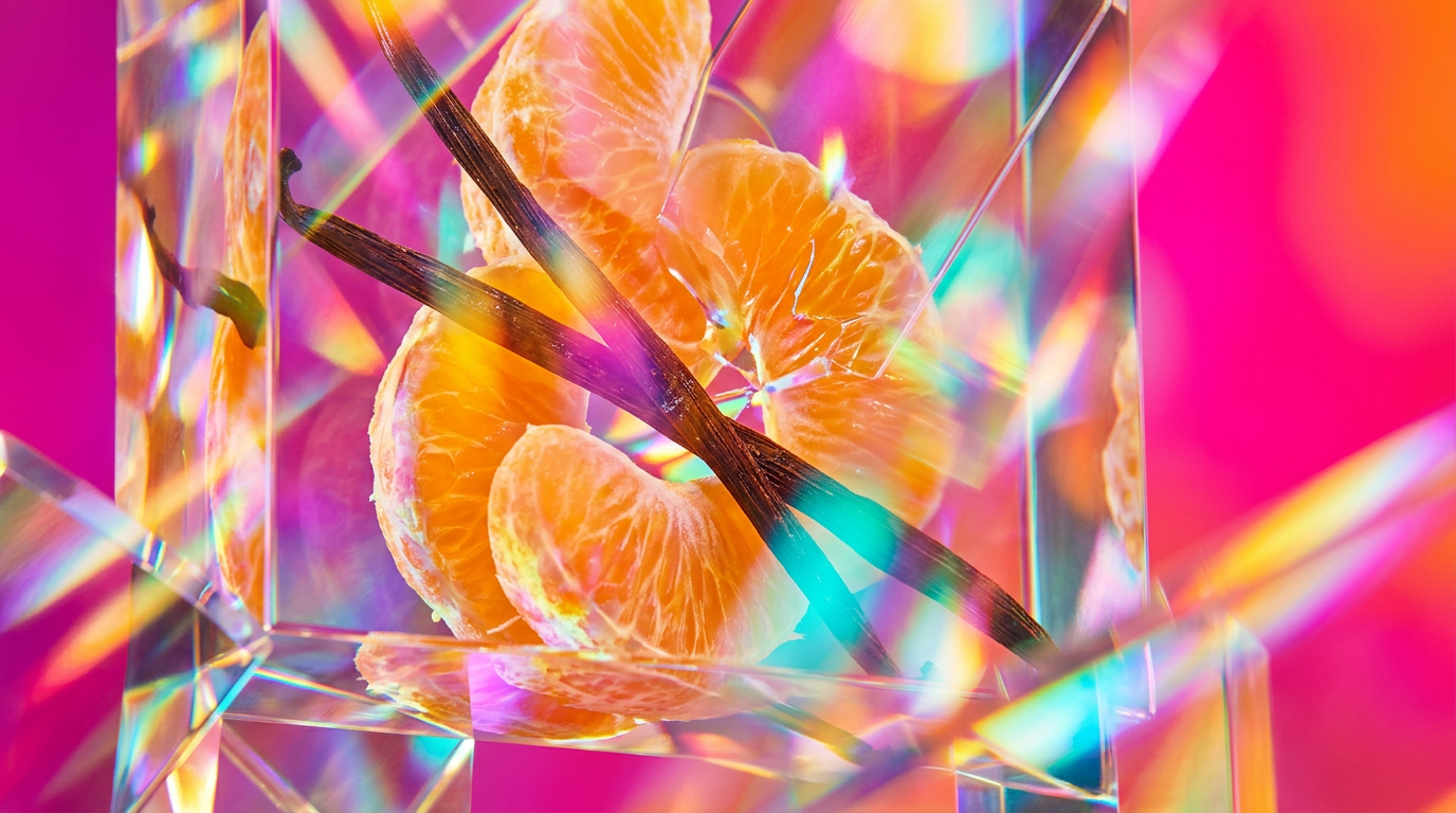 A bright afternoon setting with citrus fruits and gourmand elements like caramel and vanilla