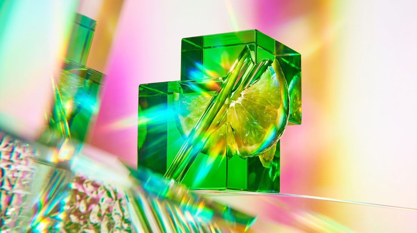 A fresh, green botanical setting with dew-covered leaves and bright citrus fruits