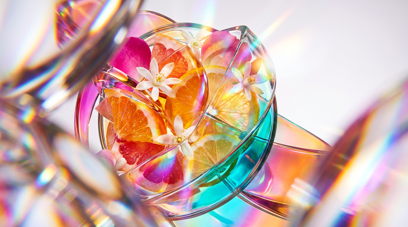 An elegant collection of citrus and floral perfume bottles on a sundrenched vanity