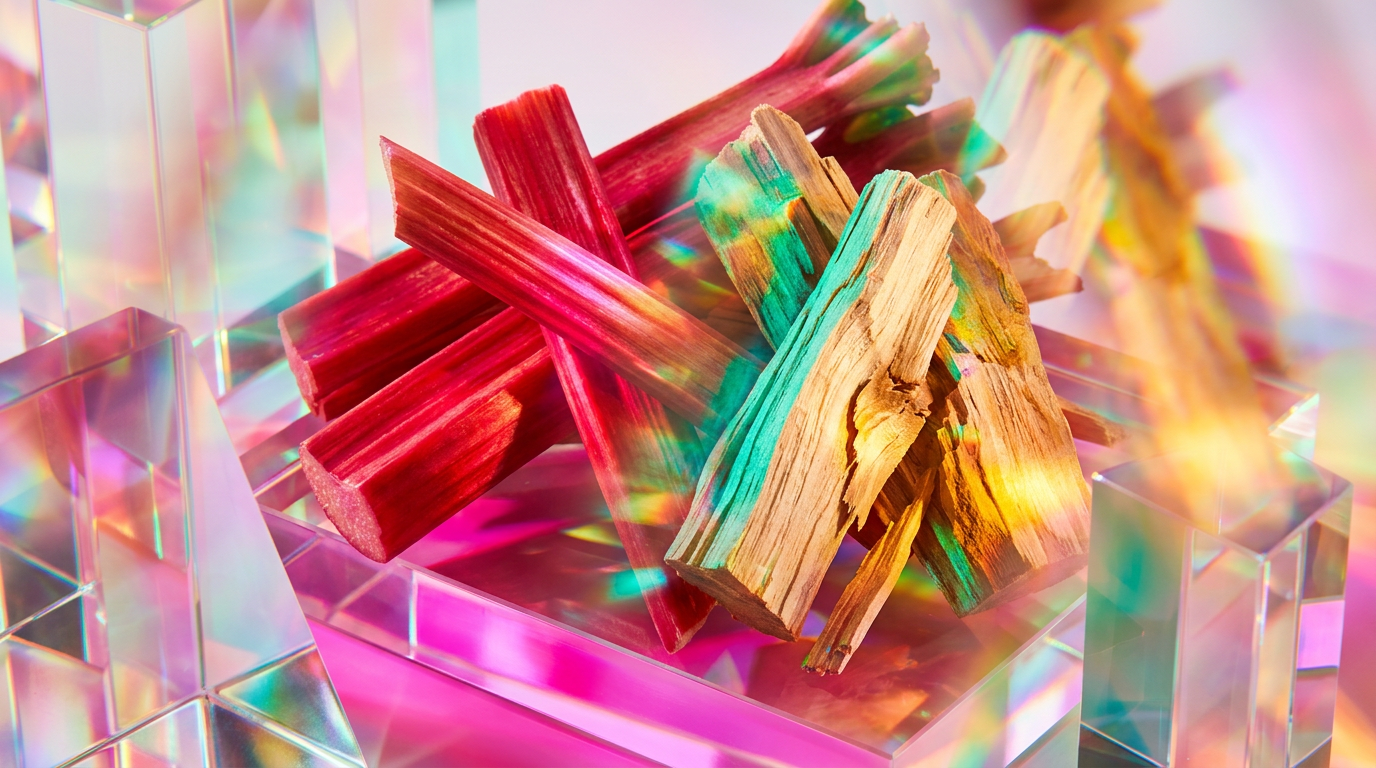 An artisanal display of rhubarb stalks and sandalwood logs representing the fragrance notes