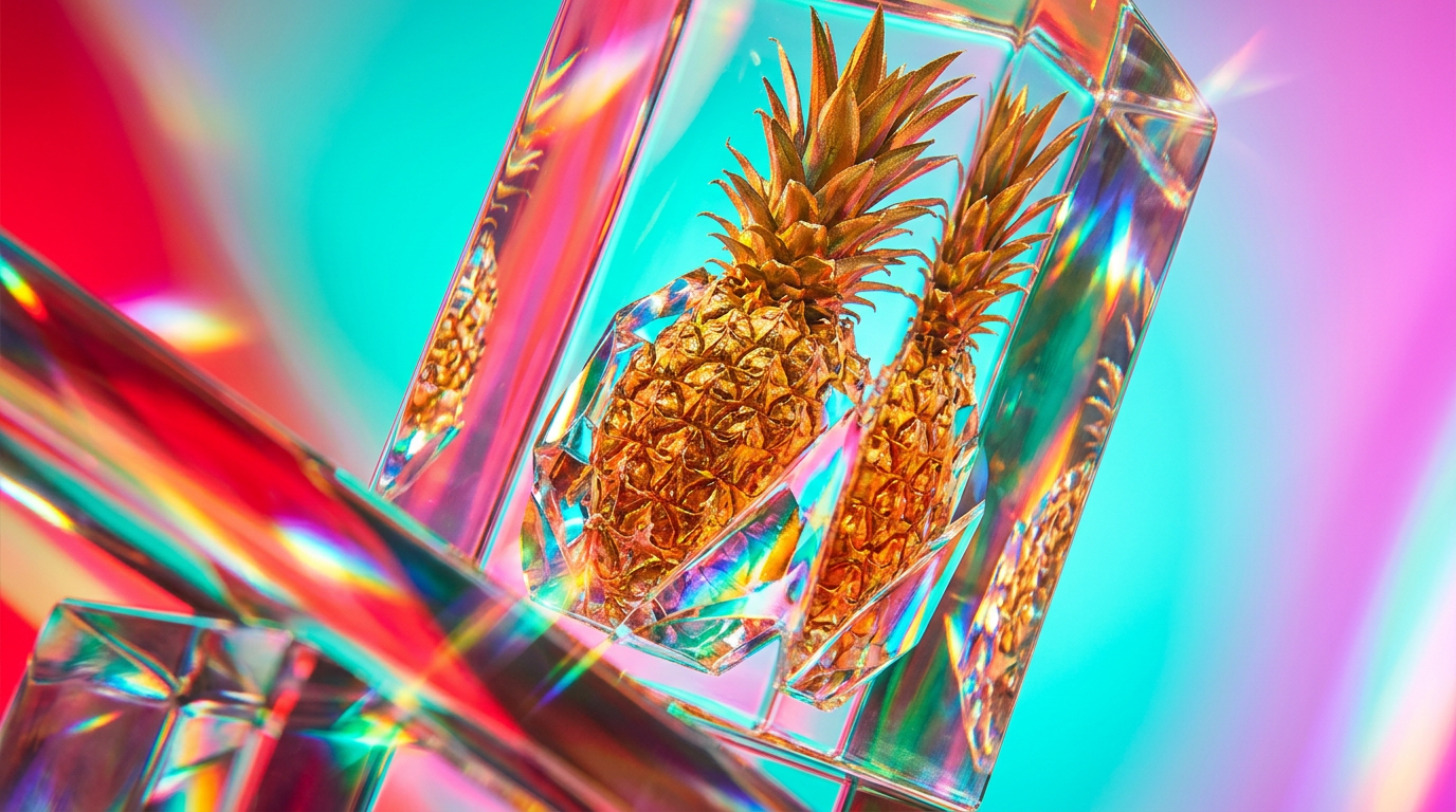 A chilled glass of pineapple-infused water with ice cubes and tropical greenery