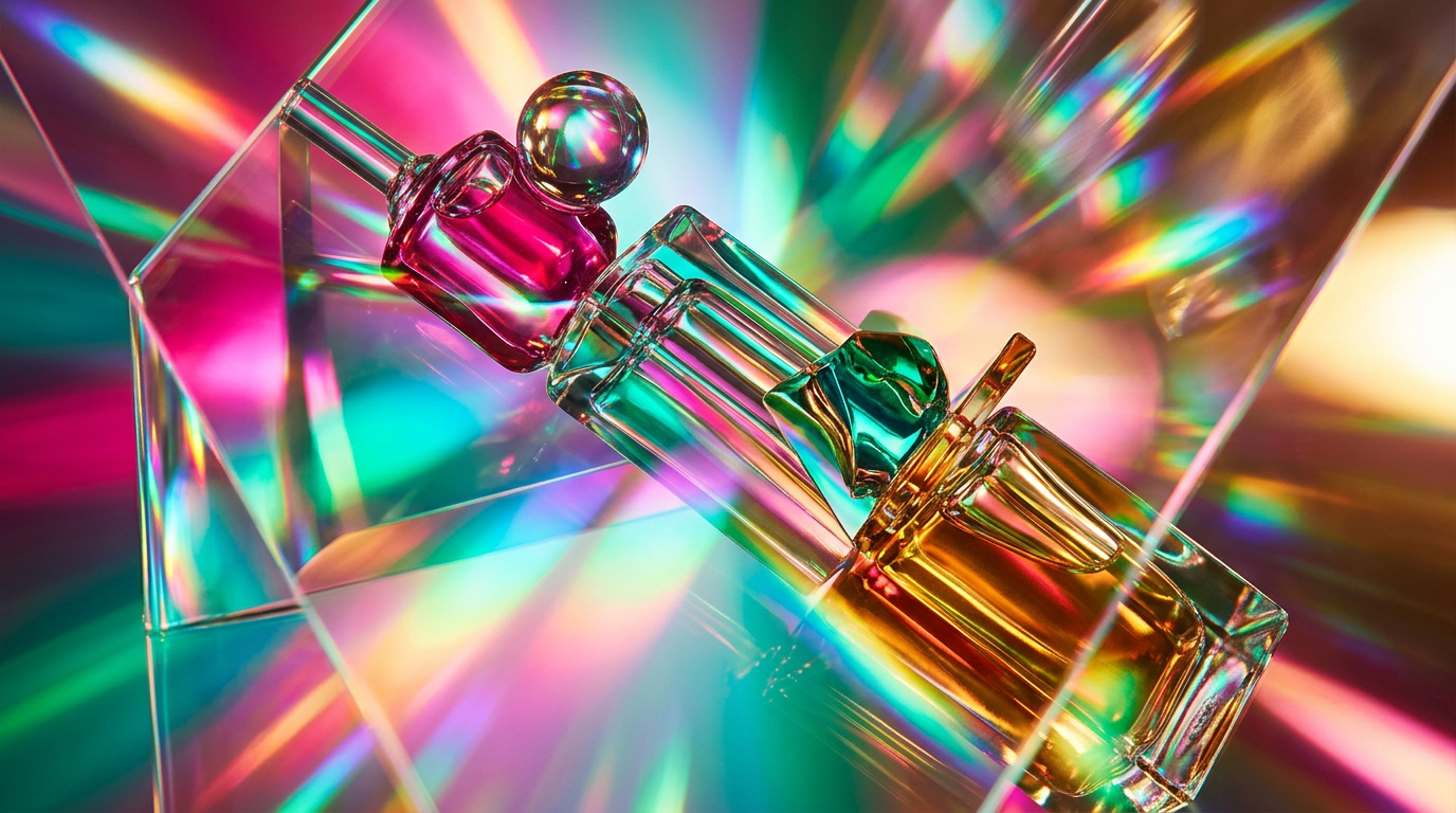 An elegant afternoon setting with sunlight streaming through a window onto a bottle of perfume