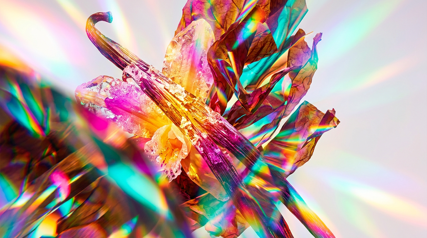 An evocative capture of vanilla beans and dried tobacco leaves in a warm, low-lit setting