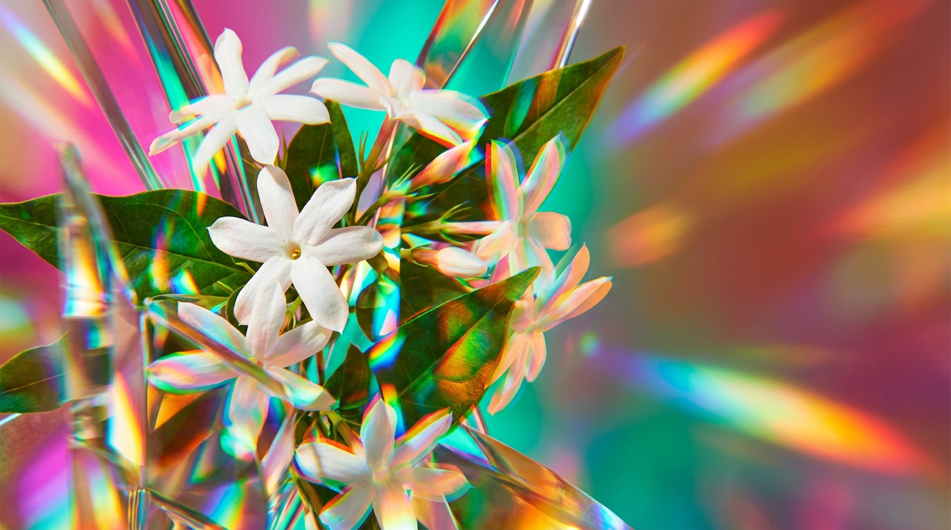 A visual representation of delicate Jasmin Sambac flowers in a lush garden setting