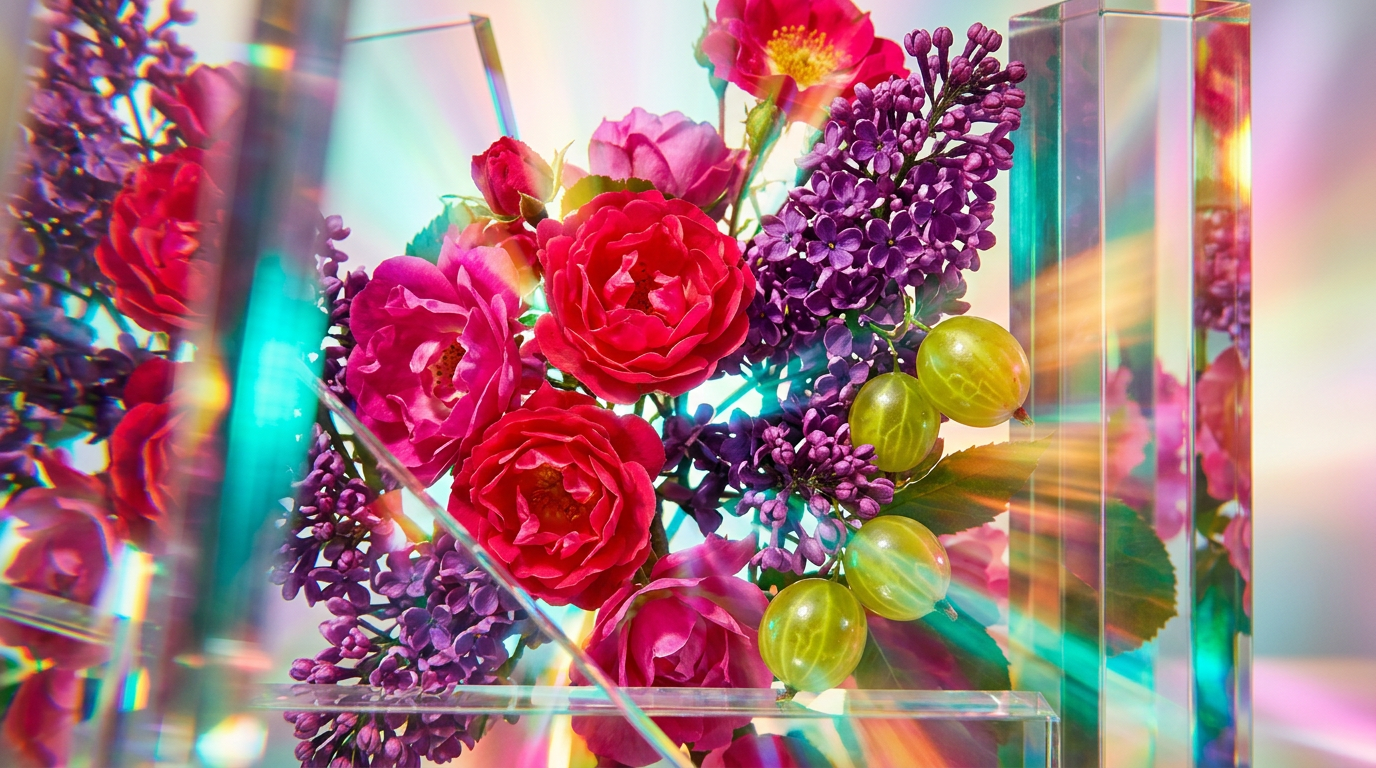 An elegant display of British floral fragrances including Wild Roses and Lilacs and Gooseberries