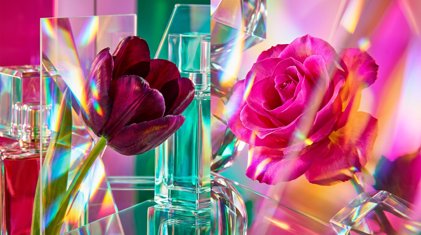 Luxury perfume bottles Black Tulip and floral arrangements
