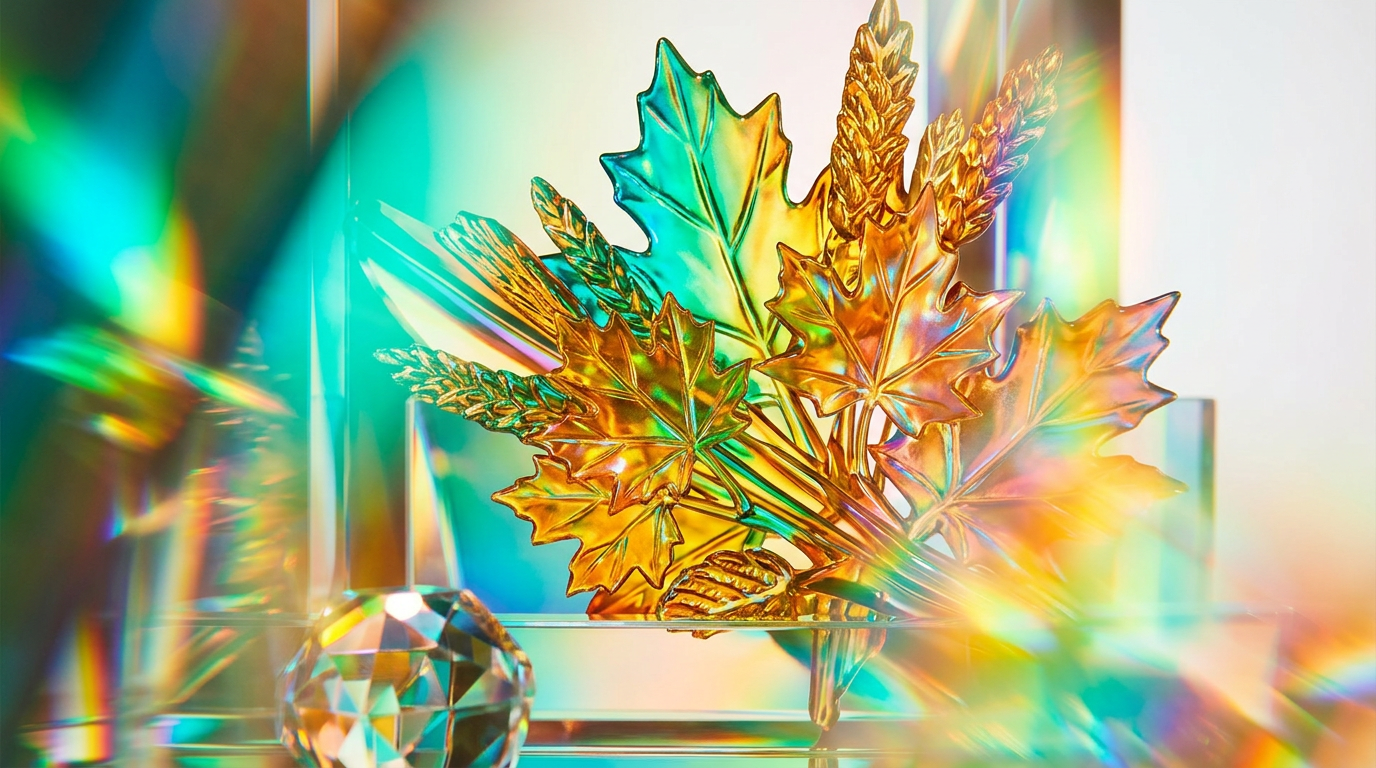 Autumn leaves and a bottle of luxury perfume on a wooden bench