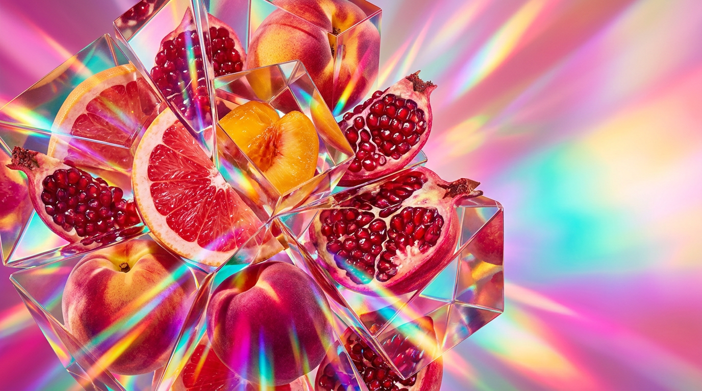 A bright brunch table with fruit and perfume bottles