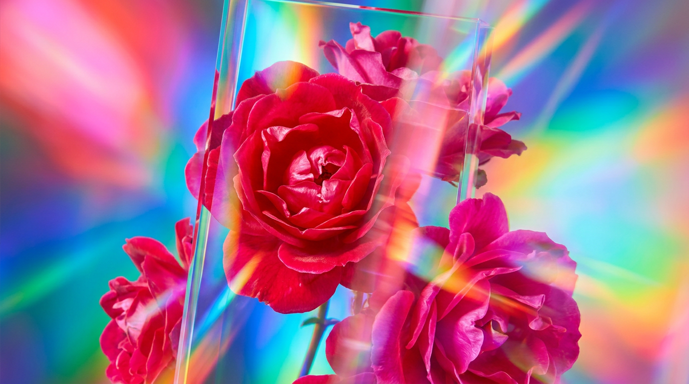 Wild Roses perfume bottle sitting amongst dewy pink rose petals with soft morning light