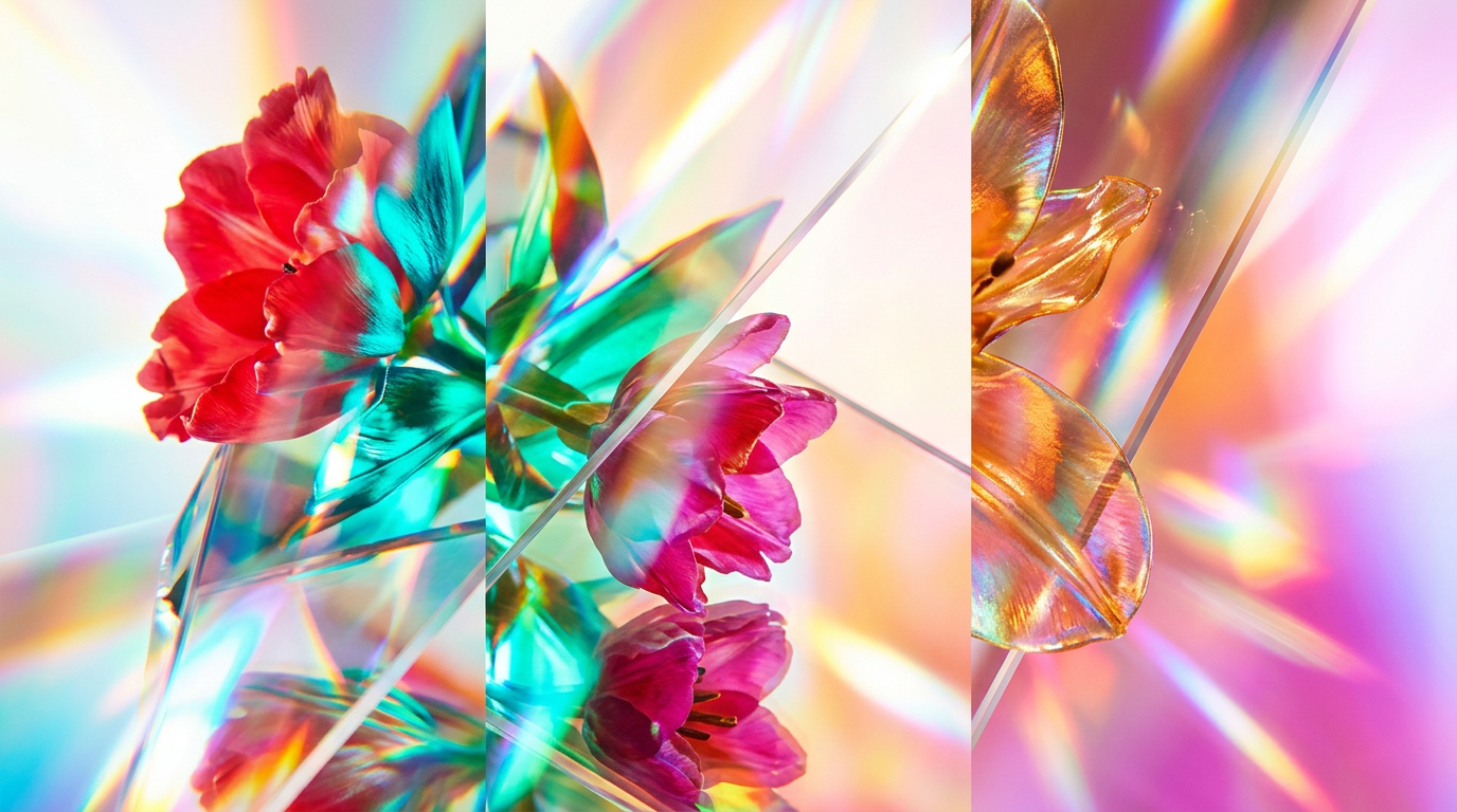 An edgy, artistic arrangement of wild flowers and dark fragrance bottles
