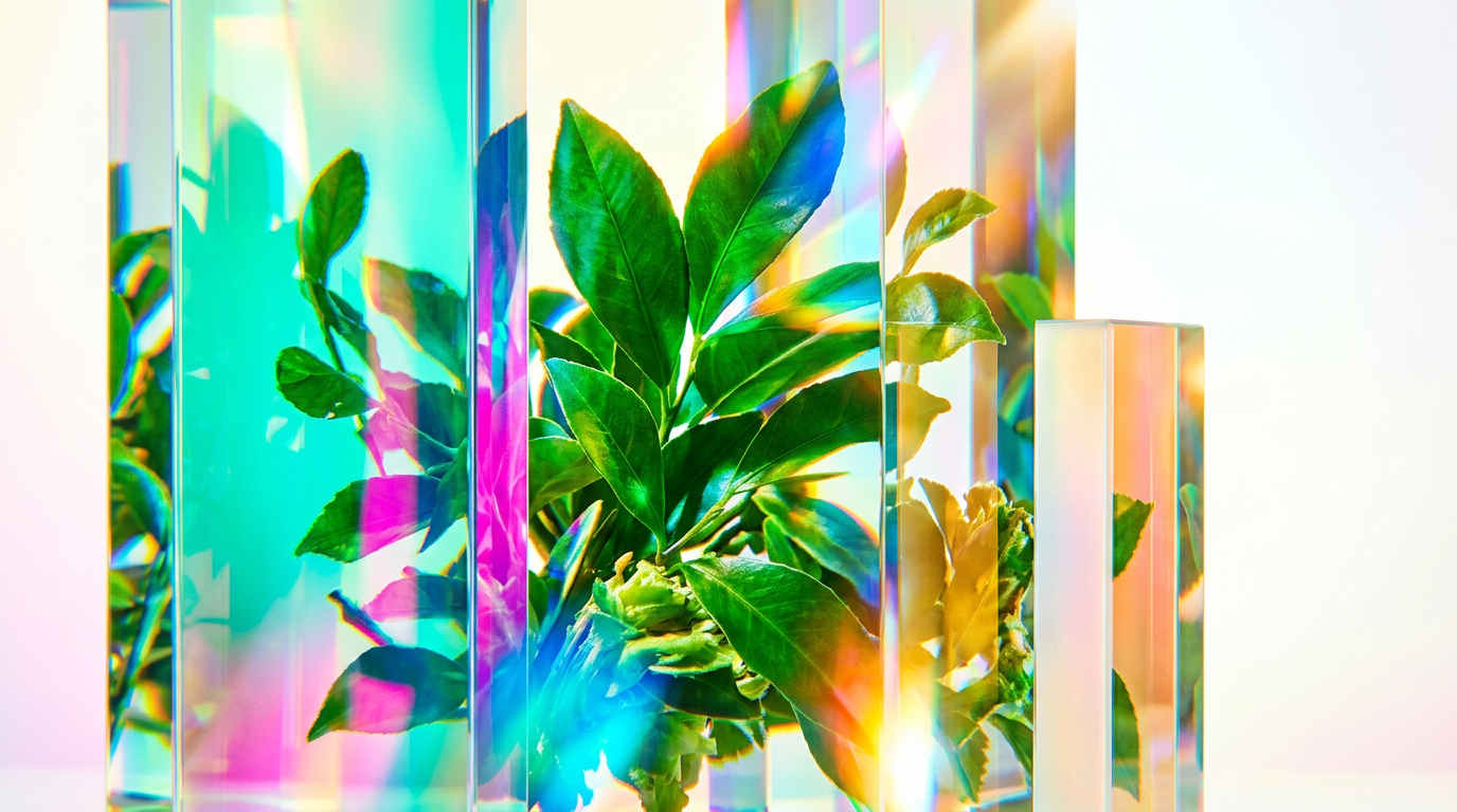 A vibrant collection of botanical perfumes representing green brightness and juicy notes