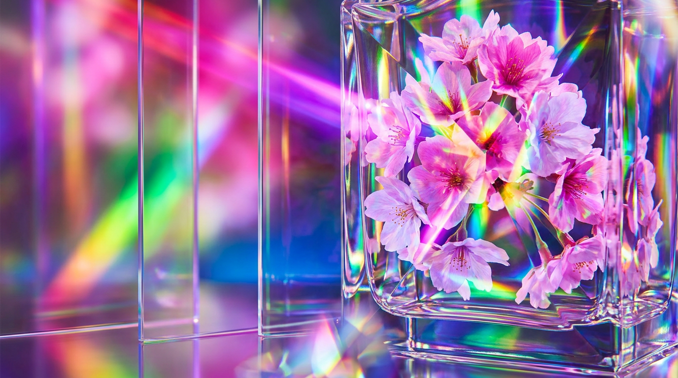 A vibrant spring garden with fresh blooming flowers and perfume bottles