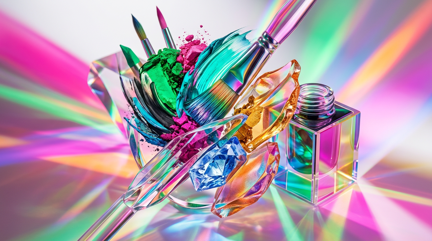 An artistic display of artisanal perfume bottles amongst creative tools like brushes and notebooks