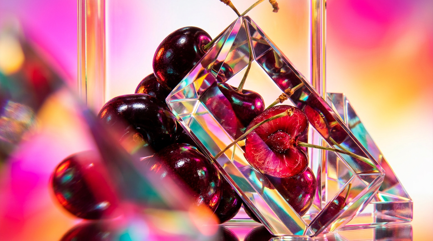 An atmospheric display of dark black cherries and vintage perfume bottles