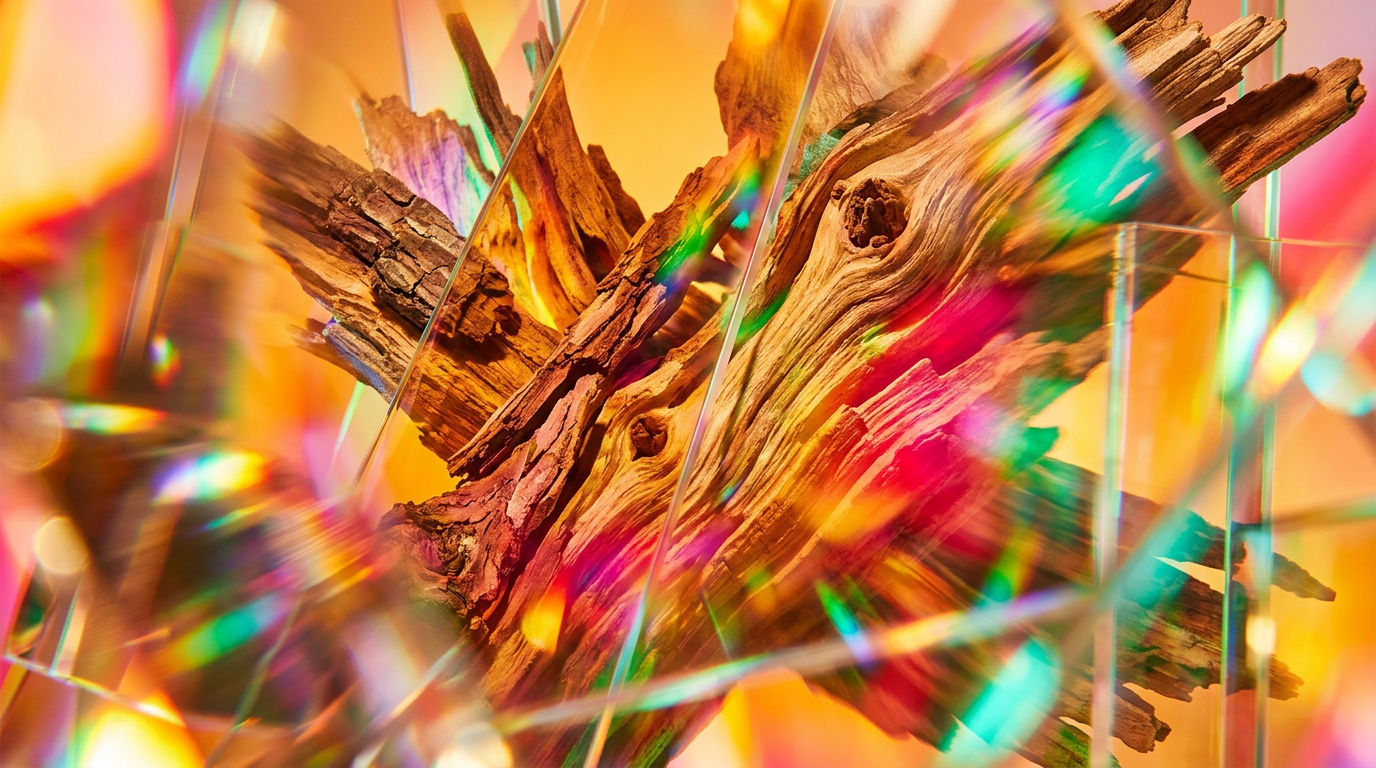 An atmospheric collection of wooden logs and luxury perfume bottles in a forest setting