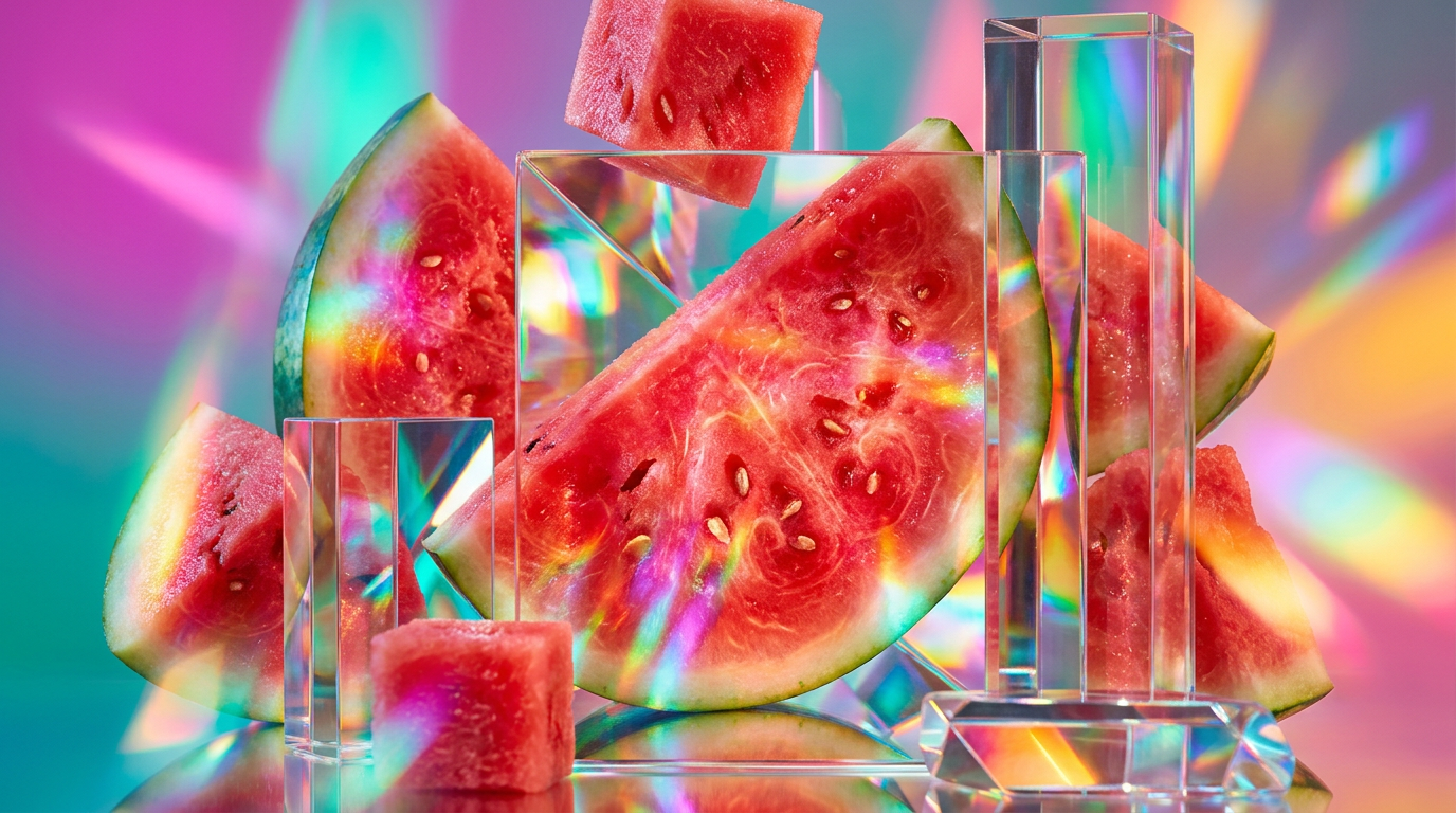 A vibrant display of fresh watermelon and luxury perfume bottles representing the art of layering
