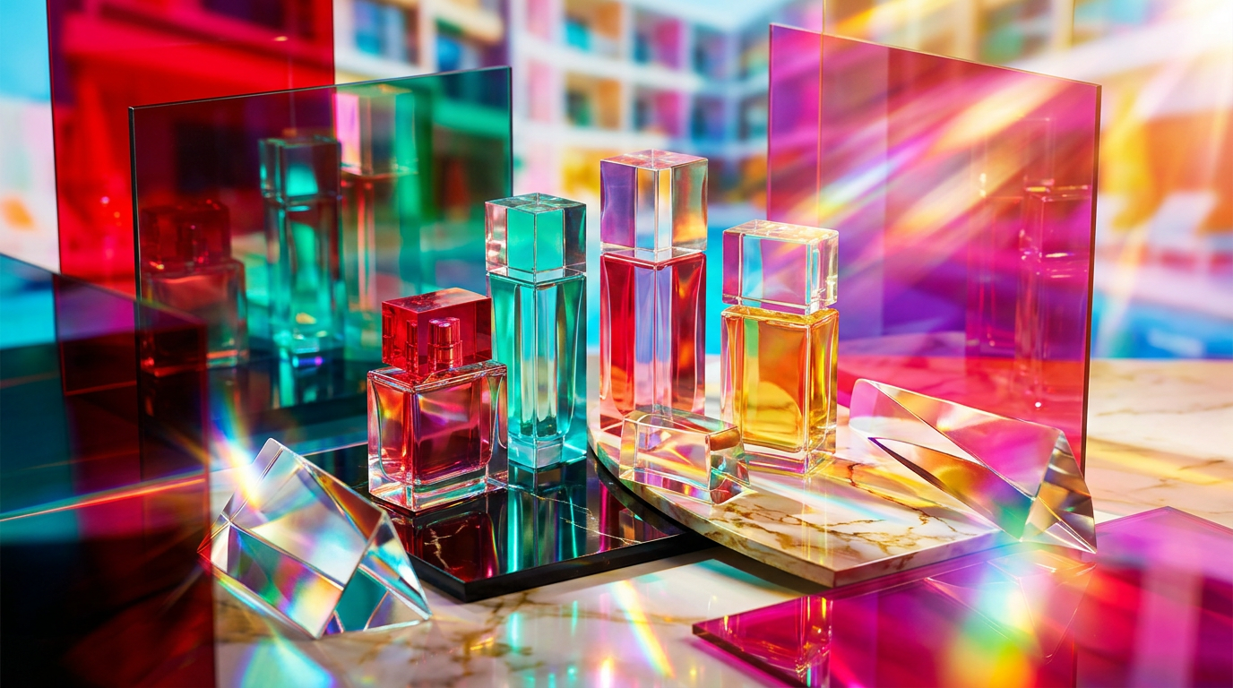 Luxury travel essentials including a suitcase and chic perfume bottles