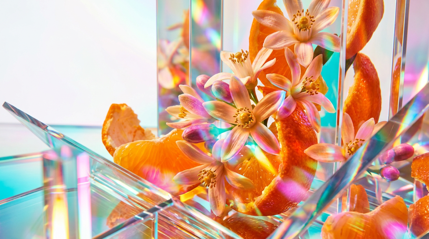 Fresh mandarin oranges and white orange blossoms on a sun-drenched table