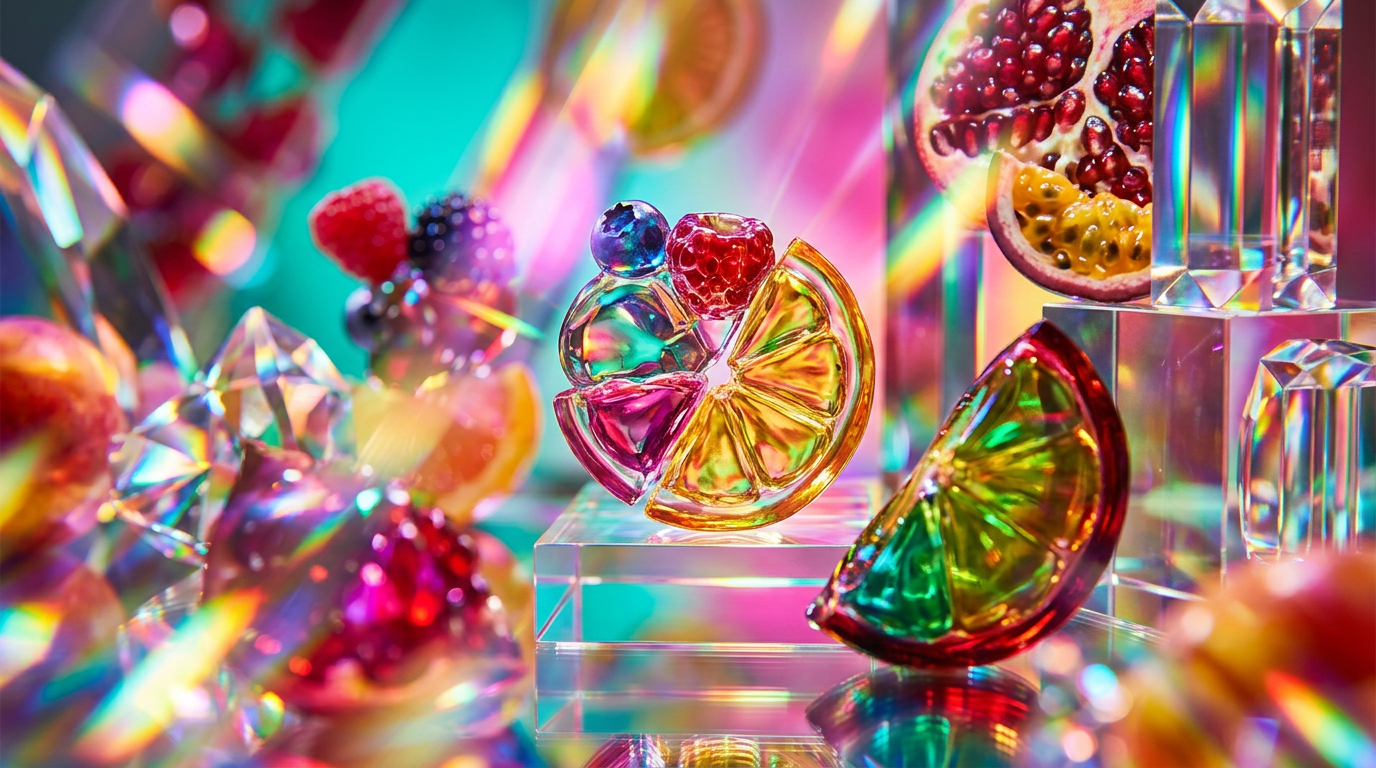An array of fresh fruits and elegant perfume bottles