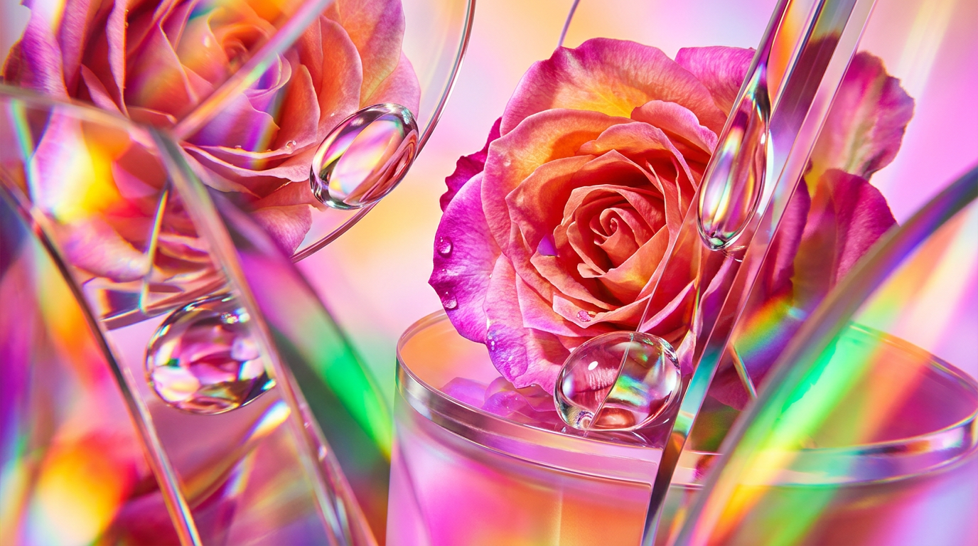 A fresh bottle of Wild Roses perfume amongst spring greenery