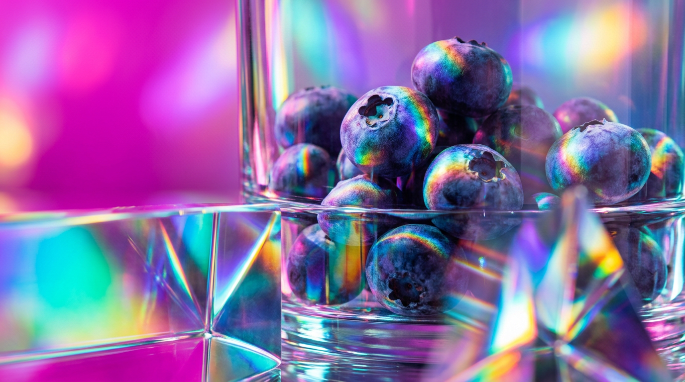 An aesthetic display of dark blue berries and soft white musk textures
