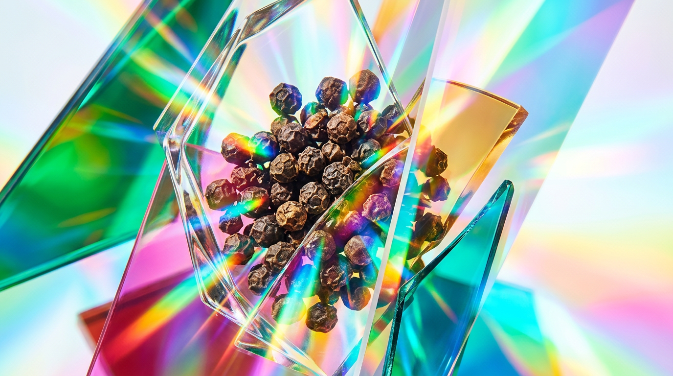 An artistic display of black peppercorns and botanical fragrance elements