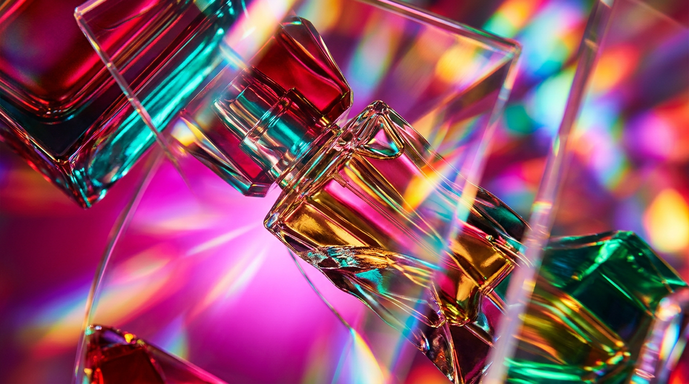 An atmospheric display of artisanal perfume bottles with a rebellious aesthetic