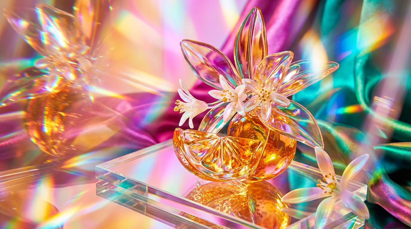Elegant bottle of citrus floral fragrance on a marble surface with fresh citrus fruits