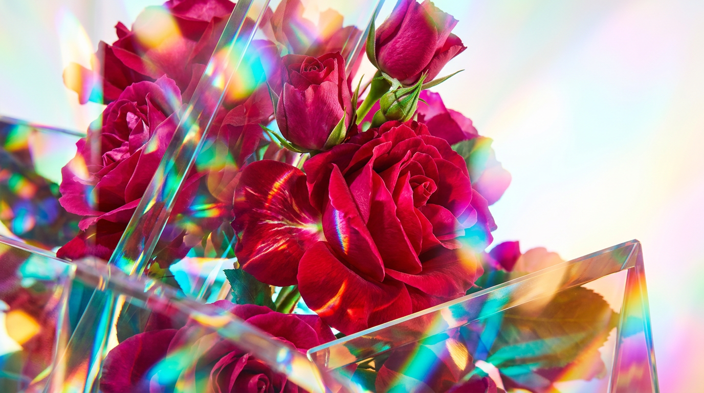 An artistic comparison of light and dark rose petals with crystal water droplets