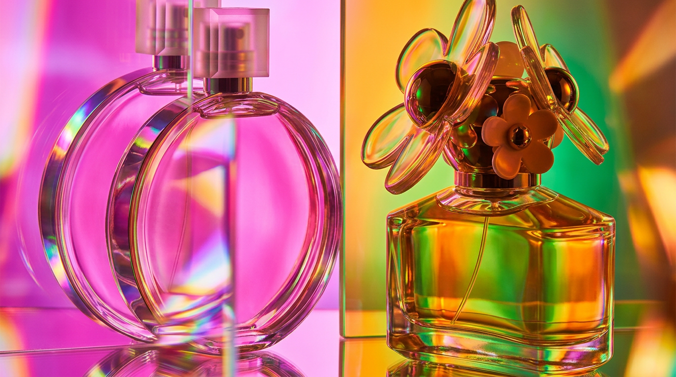 Chanel Chance Eau Tendre and Marc Jacobs Daisy perfume bottles on a floral background