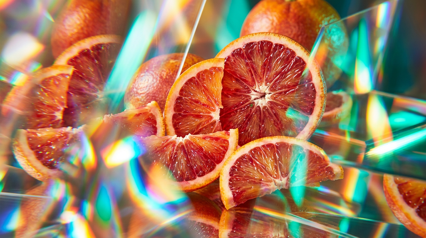 Vibrant blood oranges sliced to show their deep crimson interior, surrounded by citrus leaves
