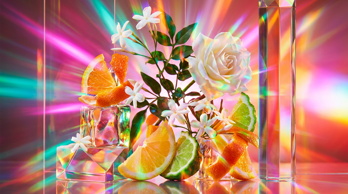An aesthetic display of citrus fruits and spring flowers representing fragrance layering