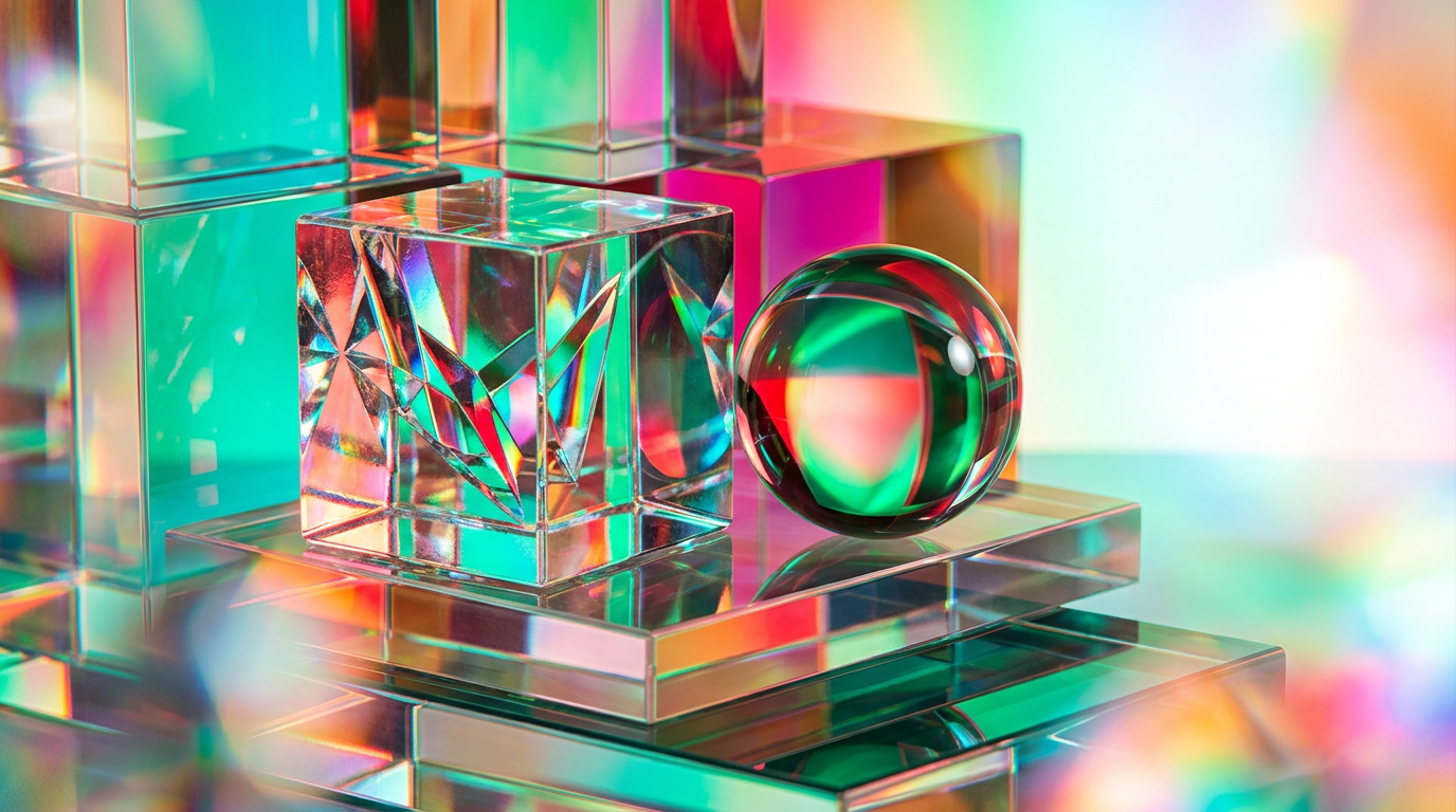 A minimalist display of clear glass perfume bottles and fresh botanical elements representing clean fragrance