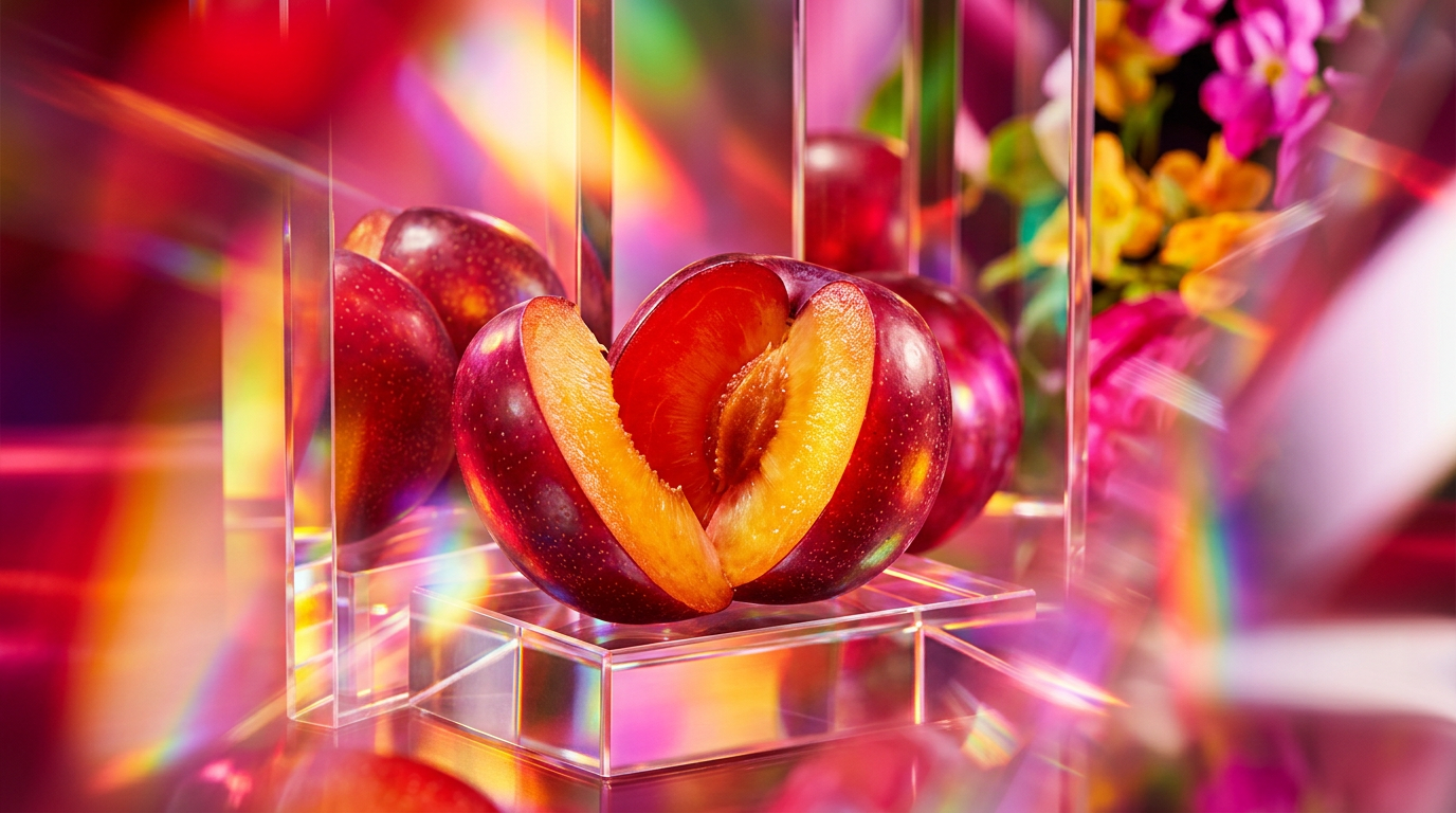 An atmospheric display of dark plums, amber resins, and luxury perfume bottles representing oriental plum notes