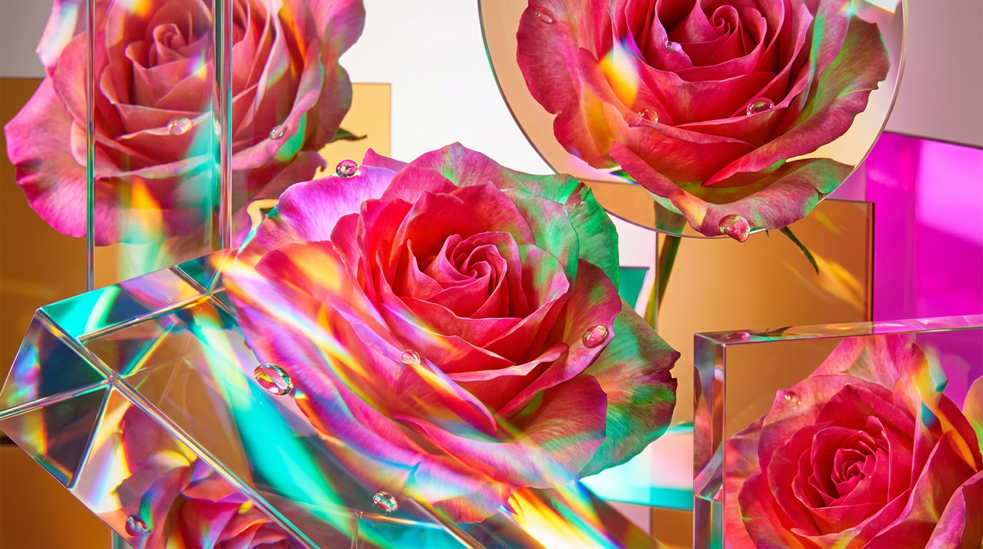 An artistic display of modern rose perfumes and botanical elements