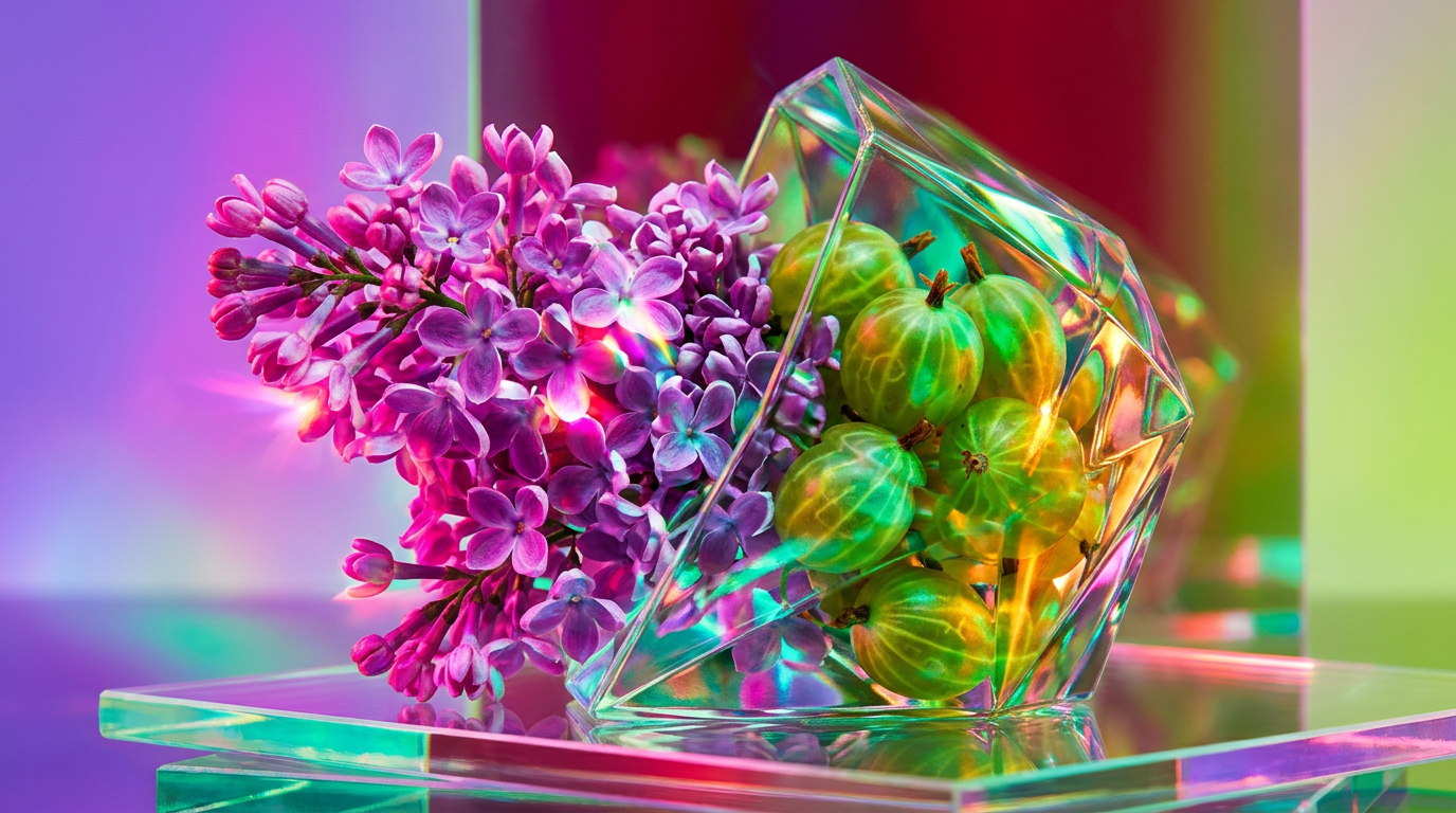 A vibrant spring garden with purple lilacs and green gooseberries