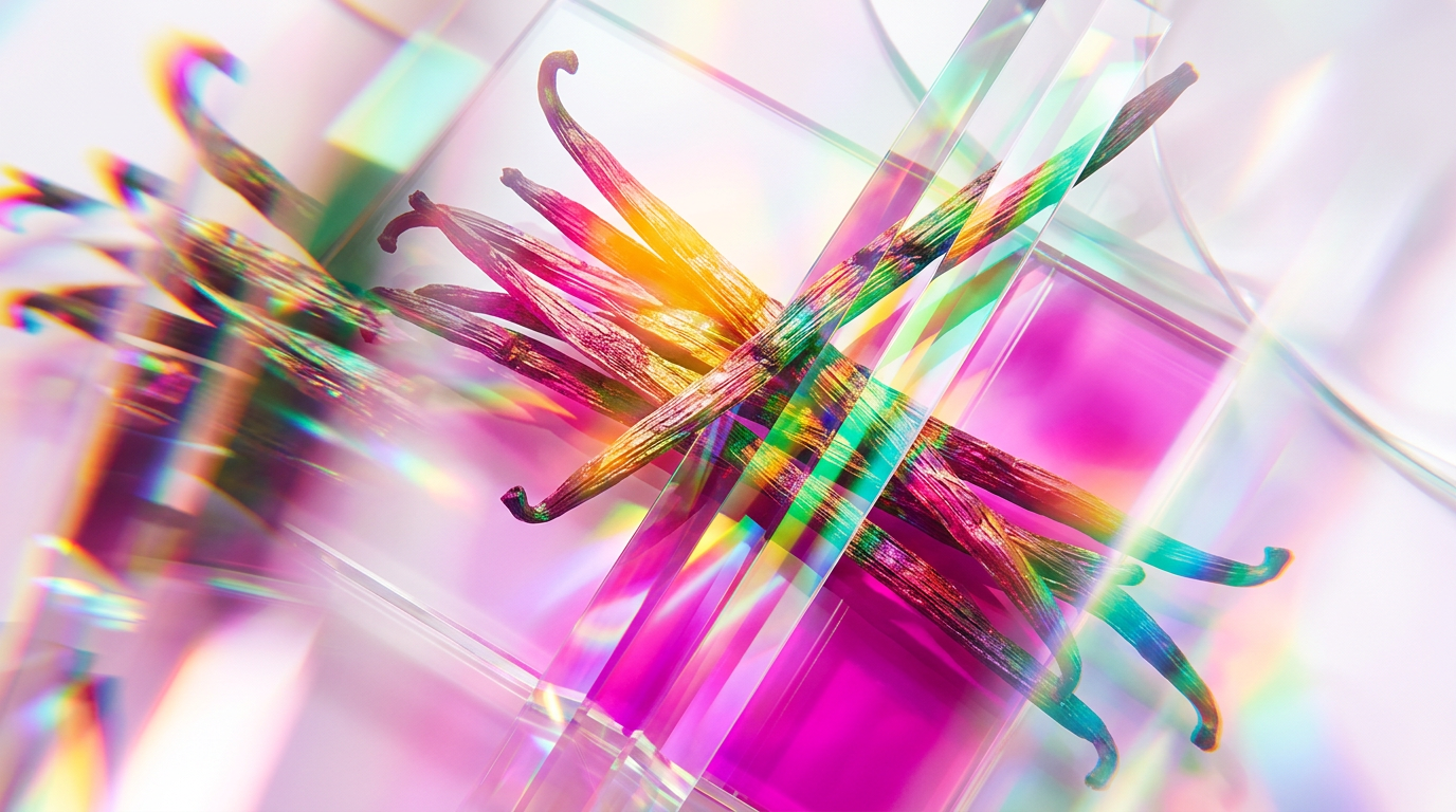 An artistic display of vanilla beans and elegant perfume bottles