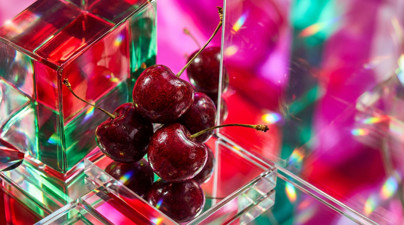 An artistic representation of dark black cherries and professional perfume bottles in a moody setting